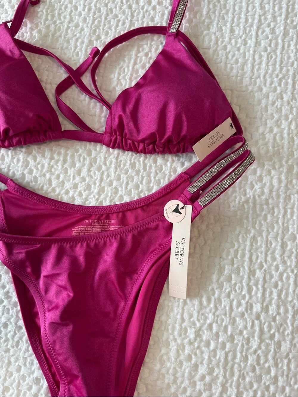 Victoria's Secret Hot Pink Triangle Bikini Set with Rhinestone Straps